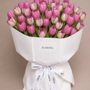 Pink tulips premium bouquet wrapped in white paper Be Romantic Romeo Flower Boutique