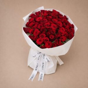 Classic red roses bouquet in luxury white wrap with Romeo signature ribbons